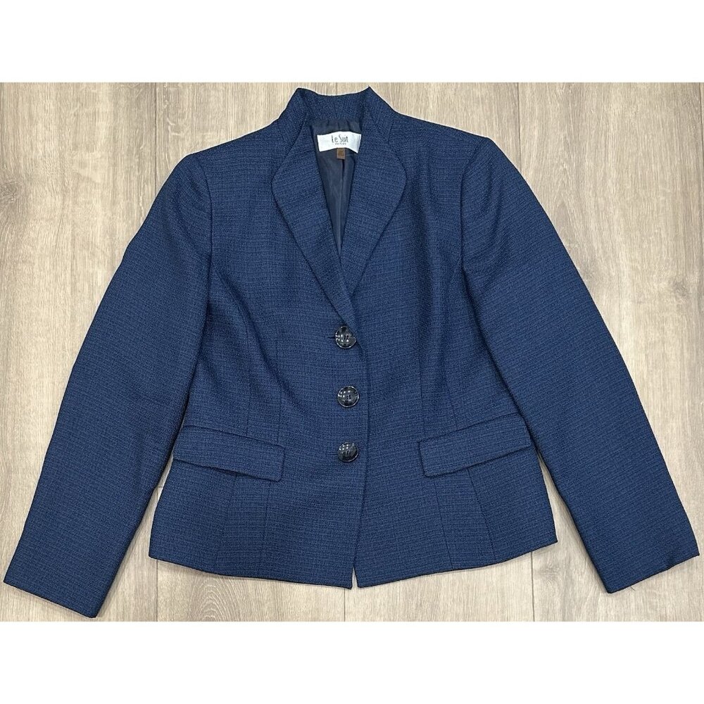 Le Suit Blazer Size 10P Blue Iridescent Buttons Long Sleeve Lined Career Office